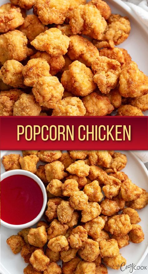 popcorn chicken with a side of red sauce. Famous Bowl, Kfc Famous Bowl, Picky Eaters Dinner, Fried Chicken Nuggets, Popcorn Chicken Recipe, Meals For Kids, Cozy Cook, Kentucky Fried Chicken, All Ideas