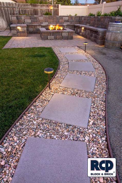 Stepping Stones Backyard, Pebble And Stone Walkway, Small Garden Pathway Ideas, Landscape Ideas Pathways, Gravel And Stepping Stone Pathway, Gravel Walkway With Stepping Stones, Gravel Walkway Backyard, Stones Around Patio, Side House Walkway Ideas