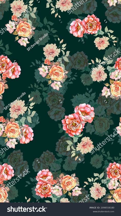 Digital Flower Pattern - Beautiful Textile Design Dark Green Background Textile Pattern Texture, Flower Pattern Design Prints, Digital Print Textiles, Flower Pattern Drawing, Digital Flower, Botanical Flower Art, Kalamkari Painting, Print Design Art, Dark Green Background