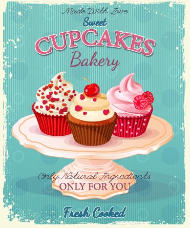 Retro advertising poster cupcakes vector 01 Cupcakes Wallpaper, Vintage Cupcakes, Cupcake Vector, Cupcake Illustration, Birthday Sweets, 귀여운 음식 그림, Retro Cafe, Cupcake Bakery, Vintage Birthday Cards