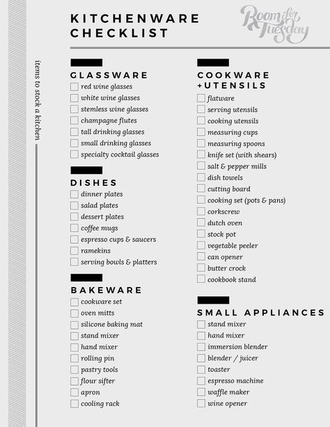 Kitchen Items List, Housewarming Registry, Kitchen Utensils List, Small Drinking Glasses, Lady Lair, Kitchen Checklist, Cookbook Storage, Kitchen Essentials List, Fly Lady