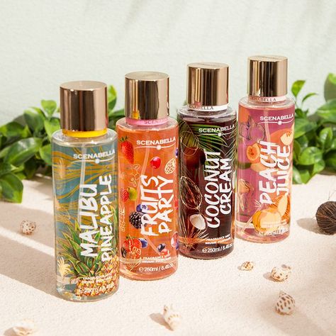 Fruity Body Mist, Fruit Scented Perfume, Body Splash Design, Body Mist Packaging, Body Mist Aesthetic, Body Mist Collection, Fruits Party, Fruit Perfumes, Fruity Perfume