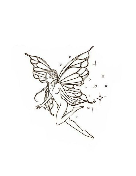 Fairy With Locs Tattoo, Fairy Outline Tattoo Simple, Fairy Tattoo Sketch, Dragon Fairy Tattoo, Pink Fairy Tattoo, Fairy Theme Tattoo, Delicate Fairy Tattoo, Small Faerie Tattoo, Fairy Tattoo Meaning