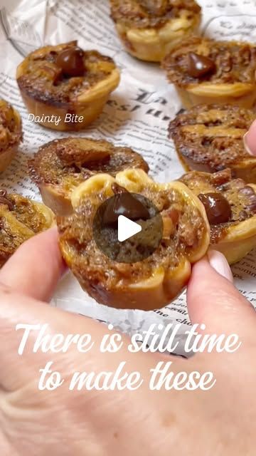 DAINTY BITE on Instagram: "Perfect mini pecan pies are the easiest to make and so so good.  You will need: 3/4 cup toasted pecans chopped roughly  1 egg  1 tsp vanilla extract  1 1/2 tbsp butter melted or room temperature  1/4 cup dark brown sugar  1/4 cup light brown sugar  1 roll refrigerated pie crust  @pillsbury  Chocolate chips/ optional  Preparation: Toast the pecans and let them cool completely. Chop roughly and set aside.  In a clean bowl whisk the egg, vanilla then add the butter and sugars . Add the pecans and the filling is ready.  Unroll the pie crust and cut circles to fit the mini muffin tin, load with the filling and bake at 350 degrees F for 30 minutes or until crust is golden. Top with chocolate chips or leave as is and enjoy. . . . . . . #minipecanpies #minipecanpie #peca Pillsbury Pie Crust Recipes, Pecan Tart, Pillsbury Pie Crust, Pecan Pies, Mini Pecan Pies, Pecan Tarts, Scones Easy, Dark Brown Sugar, Refrigerated Pie Crust