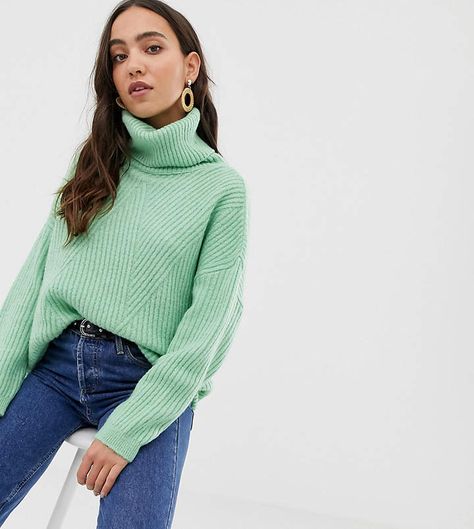 Stradivarius oversized turtleneck sweater in green Mint Green Sweater Outfit, Turtle Sweaters, Mint Green Sweater, Oversized Turtleneck Sweater, Green Turtle, Oversized Turtleneck, Turtle Neck Jumper, Christmas Outfits, Green Outfit