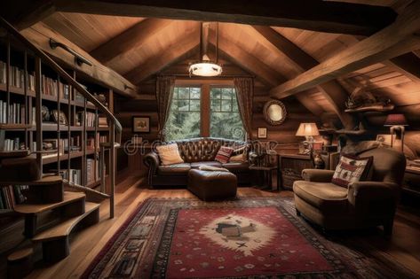 Cozy cabin retreat with cozy reading nook and book collection royalty free stock photo Cabin Loft Library, Log Cabin Library Reading Nooks, Cabin Study Room, Small Cabin Library, Cozy Cabin Library, Log Cabin Library, Small Cozy Cabin Interior, Cabin Reading Nook, Rustic Reading Nook