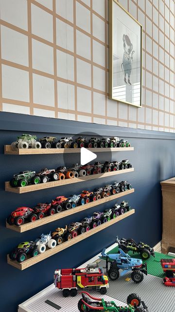 Monster Trucks Storage Ideas, Monster Jam Storage Ideas, How To Store Monster Trucks, Monster Jam Kids Room, Monster Truck Wall Storage, Boy Bedroom Storage Ideas, Hot Wheels Monster Truck Storage, Toy Monster Truck Storage, Little Boys Room Organization