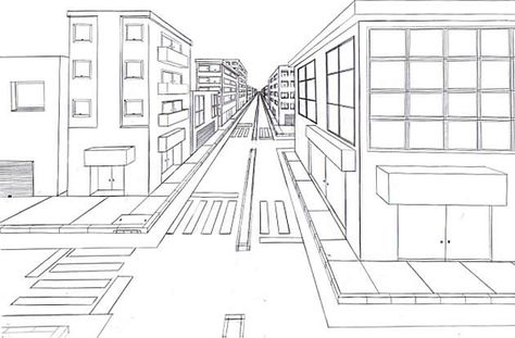 This is a good example of how to draw a road in perspective, with basic rectangular blocks modified to create a city scene. 1 Point Perspective Drawing, Perspective Architecture, 1 Point Perspective, Illustration Art Nouveau, Perspective Drawing Architecture, Perspective Drawing Lessons, One Point Perspective, Building Drawing, City Drawing