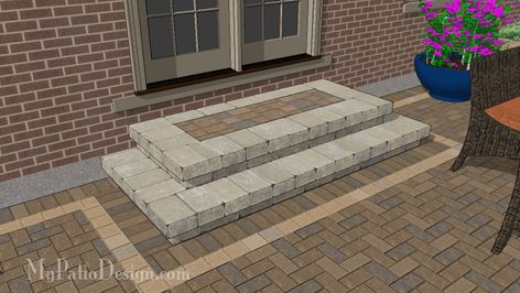 Beautiful Tumbled Block Creates Cascading Steps for Your Patio. | Download Installation Plans at MyPatioDesign.com Patio Step, Diy Patio Ideas, Paver Steps, Patio Blocks, Elegant Entrance, Patio Stairs, Front Porch Steps, Front Door Steps, Patio Plans