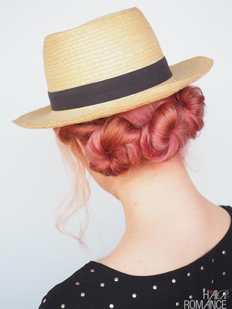 Easy hat hairstyle tutorial - Hair Romance Steampunk Hairstyles With Hat, Curly Hair Hat Hairstyles, Hairstyles To Wear With A Hat, Hair With Hat, Steampunk Hairstyles, Hair Romance, Easy Hairstyles For Medium Hair, Dance Hairstyles