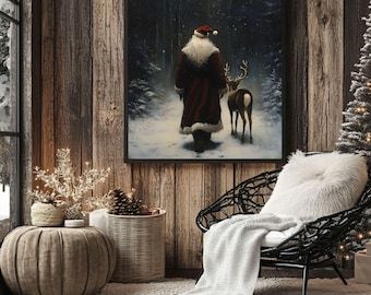 Reindeer Painting, Santa Claus Art, Santa Claus And Reindeer, Christmas Printable Wall Art, Wall Art Neutral, Painting Christmas, Vintage Details, Christmas Atmosphere, Winter Print