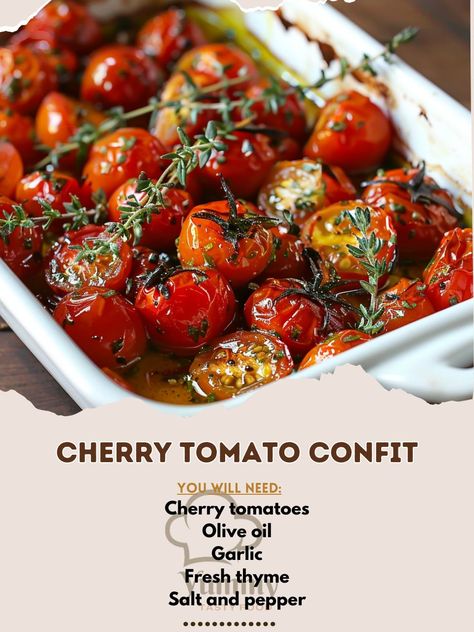 🍅🌿 Savor the rich flavors of the Cherry Tomato Confit, a perfect addition to your favorite dishes! 🧀🍝 #TomatoConfit Cherry Tomato Confit Ingredients: Cherry tomatoes (2 cups) Olive oil (1/2 cup) Garlic (2 cloves, minced) Fresh thyme (2 sprigs) Salt and pepper (to taste) Instructions: Preheat oven to 300°F. Mix cherry tomatoes, olive oil, garlic, thyme, salt, and pepper in a baking dish. Roast for 1-2 hours, until tomatoes are soft. 🍅🌿 This Cherry Tomato Confit is a perfect addition to you... Cherry Tomato Confit, Tomato Confit, Thyme Salt, Olive Oil Garlic, Cherry Tomato, Fresh Thyme, Baking Dish, Cherry Tomatoes, 2 Cups