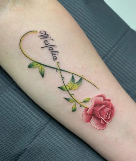 Lotus Flower Tattoo With Name, Rose Infinity Tattoo, Small Rose Tattoos For Women, Name Infinity Tattoo, Small Tattoo Flower, Rose With Name Tattoo, One Love Tattoo, Infinity Tattoo Ideas, Infinity Name Tattoo