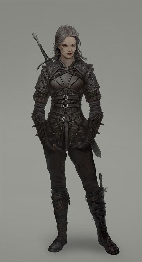 f Rogue Thief Leather Armor Sword Dagger midlvl undercity urban city farmland d&d DnD Female Witcher Outfit, Witcher Outfits Female, D&d Rogue Female, D&d Leather Armor, Leather Armor Drawing, Monster Slayer Dnd, Female Medieval Armor, Dnd Leather Armor Female, Female Fighter Outfit