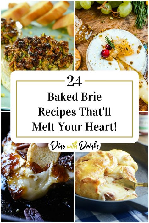 Collage of 4 baked brie recipes. Baked Brie En Croute Recipes, Baked Brie In Brie Baker, Savoury Brie Recipes, Melted Brie Recipes, Phyllo Baked Brie, Christmas Brie Recipes, Brie Cheese Appetizer Baked, Keto Baked Brie, Savory Baked Brie Recipes