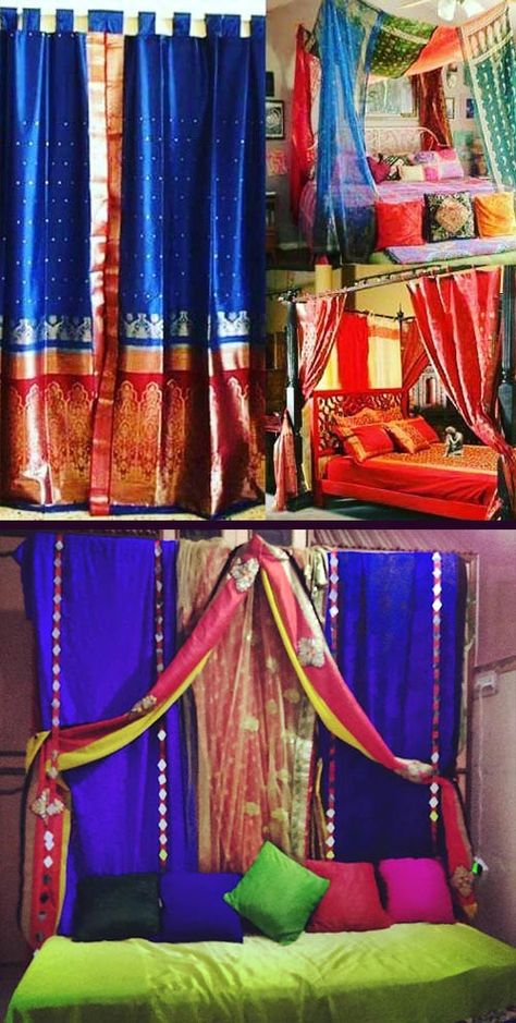 What To Do With Old Sarees – 20 Creative Things You Can DO Decoration With Saree Wall, Old Saree Reuse Ideas Home Decor, Saree Curtains Ideas, Ganpati Decoration At Home Background, How To Decorate Wall, Saree Curtains, Seemantham Decoration, Canopy Decor, Bappa Decoration