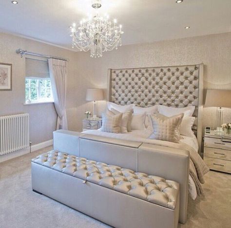 Champagne bedroom ideas                                                                                                                                                                                 More Champagne Bedroom, Silver Bedroom, Glam Bedroom, White Bed, Decor Minimalist, White Bedroom, Dream Rooms, Beautiful Bedrooms, Dream Bedroom