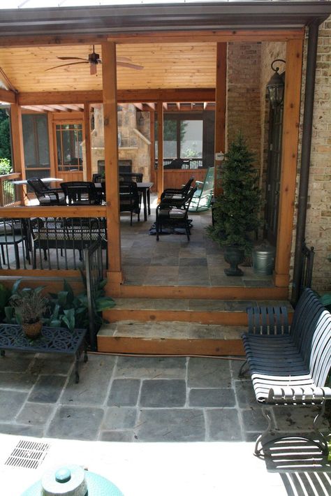 Tile Front Porch, Slate Porch, Screened Back Porches, Porch Gazebo, Traditional Porch, Screened Porch Designs, Back Porches, Stone Floor, Porch Flooring