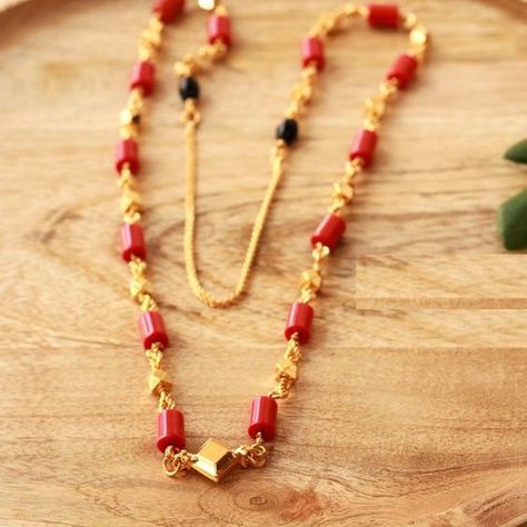 Mangalore Coral Mangalsutra Designs - Dhanalakshmi Jewellers Coral Mangalsutra, Beads Gold Necklace, South Indian Mangalsutra, Indian Mangalsutra, Long Mangalsutra, Ruby Necklace Designs, Ruby Jewelry Necklaces, Coral Jewellery, Coral Jewelry Set