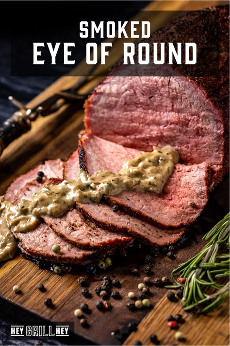 This smoked eye of round roast is the ultimate roast for your holiday or sit-down Sunday meals. It’s cooked to a perfect medium-rare and served with a decadent whiskey cream sauce. Each bite is better than the last, with the ideal combo of smoke and beef. Smoked Eye Of Round, Whiskey Cream Sauce, Beef Eye Round Roast, Smoked Beef Roast, Eye Of Round Roast, Eye Of Round, Hey Grill Hey, Traeger Grill Recipes, Whiskey Cream