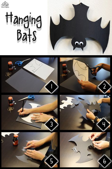 Hanging Bats Craft, Hanging Bat Craft Preschool, Diy Hanging Bats For Halloween, Hanging Bats Diy, Bats Diy Halloween, Hanging Bat Craft, Crafts To Hang From Ceiling Classroom, Halloween Hanging Decor, Hanging Bats For Halloween