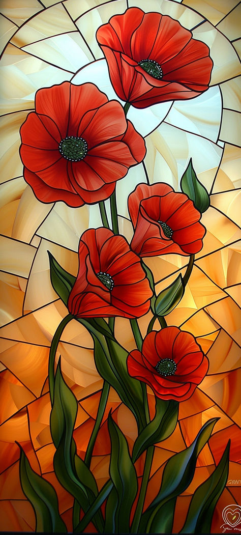 Poppy Flower Stained Glass Pattern, Poppy Stained Glass Pattern, Filigree Painting, Poppy Mosaic, Poppy Poster, Iphone Wallpaper Stills, Watercolor Flowers Tutorial, Window Color, मोबाइल वॉलपेपर