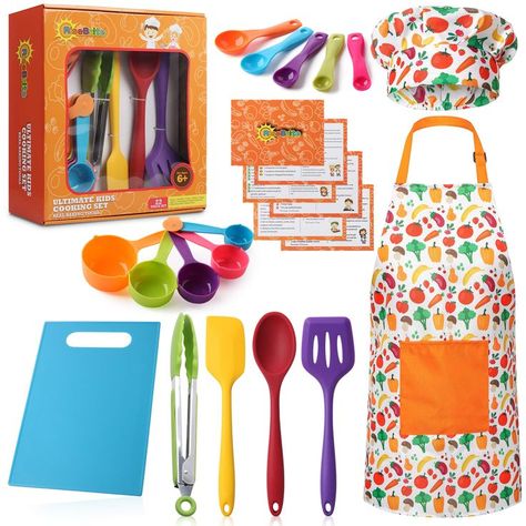 RISEBRITE Real Kids Cooking Set for Girls and Boys   22 Pcs Gift Set Includes Kids Apron, Chef Hat, Cooking Supplies, Kitchen Utensils and Recipes for The Curious Young Junior Chef Kids Cooking Set, Chef Hats For Kids, Baking Gift Set, Kids Baking Set, American Test Kitchen, Junior Chef, Baking Kits, Kid Chef, Baby Doll Set