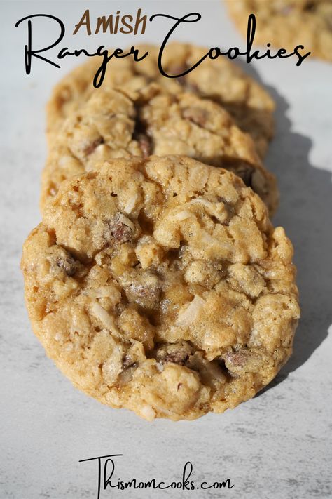 These delicious ranger cookies are inspired by an old order Amish cook book and filled with lots of goodies! Cookies With Rice Krispies, Amish Cookies, Cookies With Coconut, Ranger Cookies, Old Order, Chocolate Whoopie Pies, Cookie Recipes Unique, Caramel Cookies, Coconut Cream Pie