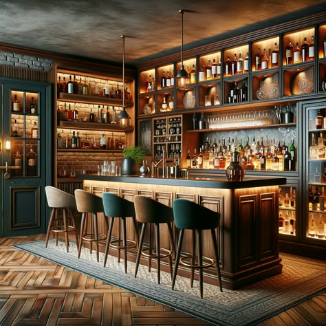 Media Room Wet Bar Ideas, Back Of Bar Design, Basement Bar With Window, Luxury Basement Bar, Basement Bar With Island, Basement Sports Bar Ideas, Bar With Open Shelving, Bourbon Bar Ideas, Cocktail Room In House