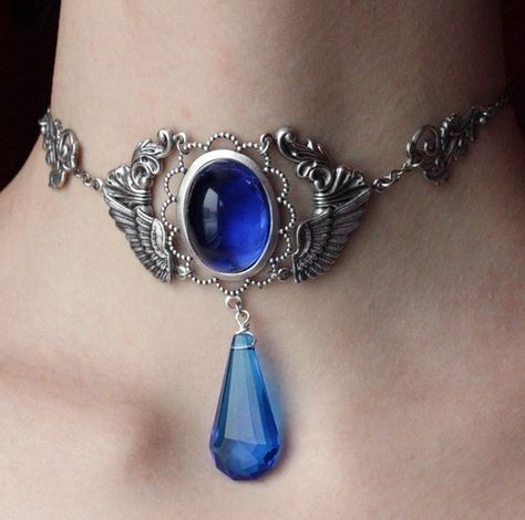 Blue Wings Steampunk Necklace Kalung Choker, Wings Necklace, Blue Wings, Steampunk Necklace, Magical Jewelry, Wing Necklace, Sapphire Necklace, Fantasy Jewelry, Gothic Jewelry