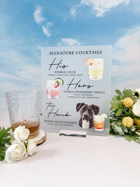 ✨✨Who doesn't love a discount? Join our email list to save on your purchase. Sign up here: https://bit.ly/3bgxWmg ✨✨ This is a perfect signature drink sign for a wedding or party. Add a special touch and include a likeness of your favorite four legged friend to your wedding reception bar.  Pick from your choice of 72 different dog breeds (color changes are not available at this time) and a variety of accent pieces. Or send us a photo of your dog and we'll use that image on the sign. Need Help wi Dog Signature Drink, Spritz Bar, Bar Wedding Reception, Reception Bar, Sign Fonts, Bar Menu Wedding, Drink Bar, Signature Cocktails, Signature Drinks Sign