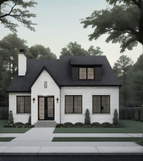 Discover the perfect blend of modern and classic design in this stunning home.  Built for wellness and a luxurious lifestyle. Starter Home Exterior, White Exterior House Black Trim, House With Black Accents, White Exterior House, House Black Trim, Brick Cottage, White Exterior Houses, White Exterior, Starter Home