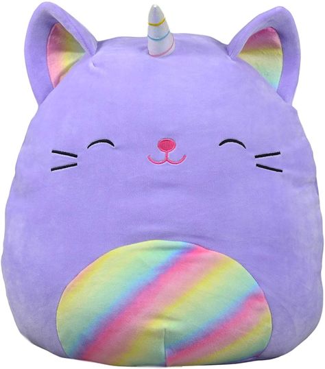 Cienna the Purple Rainbow Caticorn is a Squishmallow. Cienna is a daydreamer and loves collecting stickers. She especially enjoys listening to the sound of rain and taking pictures of thunderstorms. Her favorite color is rainbow, which might explain why she loves thunderstorms so much. Cienna is a light purple caticorn, a cat with a unicorn horn. She has triangular ears and a tail. The inside of her ears and her belly, as well as the spiral on her horn, are striped in rainbow. The horn itself Collecting Stickers, The Sound Of Rain, Pillow Pals, Cute Squishies, Purple Rainbow, Unicorn Horn, Sound Of Rain, Cute Stuffed Animals, Activity Toys