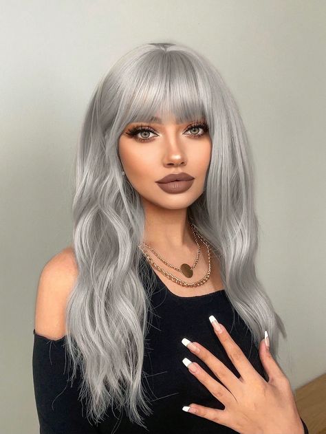 Silver  Collar  Synthetic Fiber  Bangs Wig Embellished   Wigs & Accs Shoulder Haircut, Ice Blonde Hair, Silver Wigs, Bangs Wig, Grey Wig, Silver Grey Hair, Short Curly Haircuts, Shoulder Hair, Christmas Hairstyles