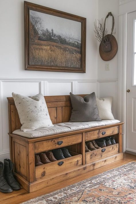 Entryway Shoe Bench Functional Entryway Table, Diy Shoe Storage Bench, Entry Bench Decor Entryway, Cabin Entryway Ideas, Entry Bench Decor, Rustic Bench Entryway, Front Entry Bench, Shoe Organizer Under Bed, Entryway Bench Decor