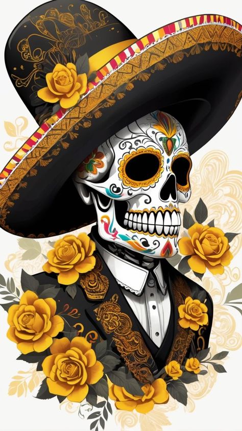 Celebrate the beauty of Día de los Muertos with this stunning sugar skull wallpaper adorned with intricate designs and vibrant yellow marigolds. Perfect for honoring Mexican culture and traditions, this elegant skull art adds a touch of color and meaning to your phone. Download it now from my Zedge account and bring a festive, artistic flair to your screen! Mexican Iphone Wallpaper, Dia De Los Muertos Skull Ideas, Mexican Art Wallpaper, Mexican Sugar Skull Art Beautiful, Mexican Marigold, Sugar Skull Art Drawing, Color And Meaning, Wallpaper Vibrant, Sugar Skull Wallpaper