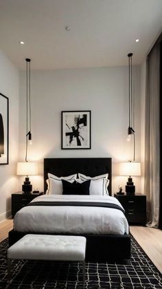 Black White Bedroom Design, White And Dark Gray Bedroom, Black And White Bedroom Ideas Apartment, Black And White Rooms Ideas, Modern Black White Bedroom, Bedroom Decor Black Bed Frame, Black And White Scandinavian Interior, Black Bed White Walls, Black And White Bedding Aesthetic