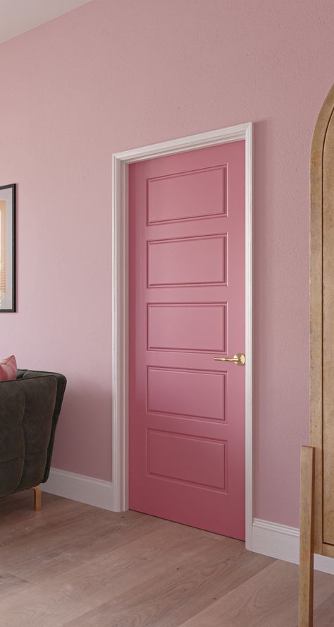 pink solid core interior door from Masonite Pink Home Interior Design, Pink Door Interior, Pink Door Frame, Pink Door Aesthetic, Pink Door Bedroom, Pink Baseboards, Cool Interior Doors, Pink Closet Doors, Pink Interior Door