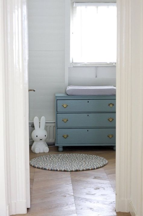 Blue Dresser Nursery, Scandinavian Dresser, Amsterdam Home, Dresser Nursery, Changing Dresser, Blue Dresser, Contemporary Scandinavian, Yellow Nursery, Rustic Nursery