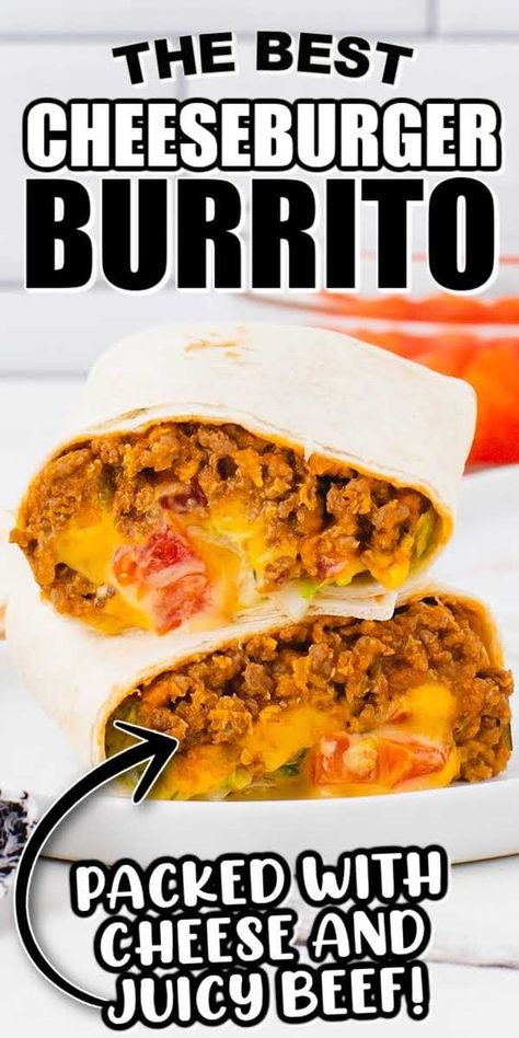 This easy cheeseburger burrito recipe is made by stuffing ground beef, cheese, and all the usual burger fixings inside a warm tortilla wrap. Cheese Burger Burrito, Cheeseburger Burrito Recipes, Cheeseburger Burritos, Cheeseburger Burrito, Burger Fixings, Burger Burrito, Cold Wraps, Cheeseburger Wraps, Burger Wraps