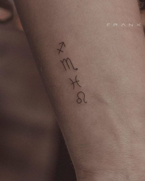 Zodiac Symbol Tattoos, Zodiac Sign Symbols, Leo Zodiac Symbol, Scorpio Zodiac Symbol, Tattoo On The Wrist, Symbols Tattoo, Sacred Tattoo, Sagittarius Tattoo, Horoscope Tattoos