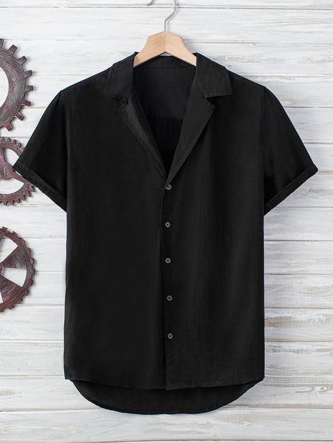 Men Lapel Neck Button Up Shirt Black Button Up Shirt Outfit Men, Black Button Up, Black Collared Shirt Outfit, Collared Shirt Outfit Men, Black Button Up Shirt Outfit, Black Blouse Outfit, Men Graduation Outfit, Mens Button Up Shirts, Guy Shirts