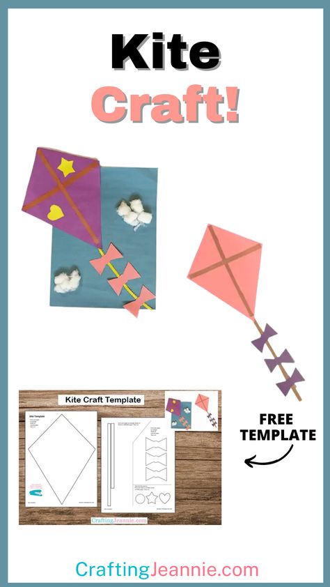 Kite Craft (Free Template) - Crafting Jeannie Summer Kid Crafts, Boy Scout Crafts, Kite Template, Kites Preschool, Kite Craft, Kids Crafts Toddlers, Spring Theme Preschool, Crafts Toddlers, Toddlers Crafts