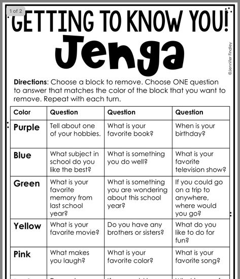 Jenga: Getting To Know You Up Printables, Back To School Games, Kid Games, Get To Know You Activities, Build Community, Therapy Games, First Day Of School Activities, School Social Work, Staff Meetings