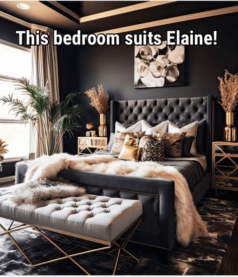 Grey Bedroom With Gold Accents, Afropunk Style, Glamorous Bedrooms, Black White And Gold Bedroom, Dream Beds, Black Gold Bedroom, Black Bedroom Decor, Glamourous Bedroom, Bedroom Country