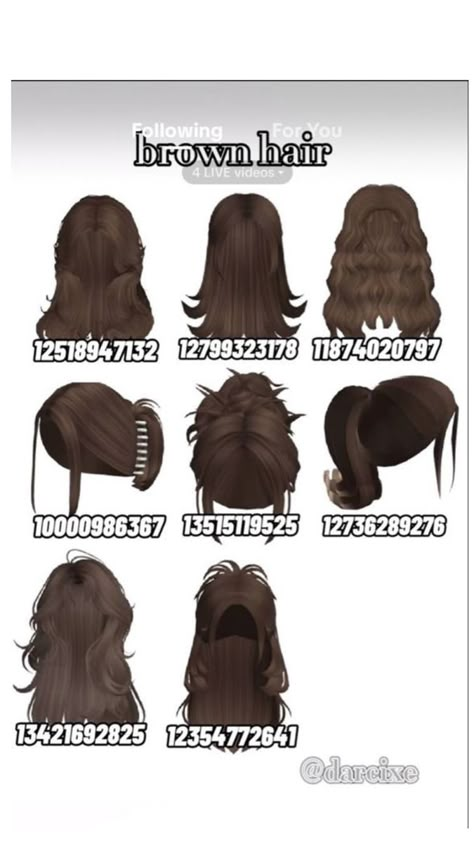 Brown Hair Roblox Id, Brown Hair Id, Roblox Sets, Brown Hair Roblox, Code Clothing, Pic Code, Code Clothes, Black Hair Roblox, Girl With Brown Hair