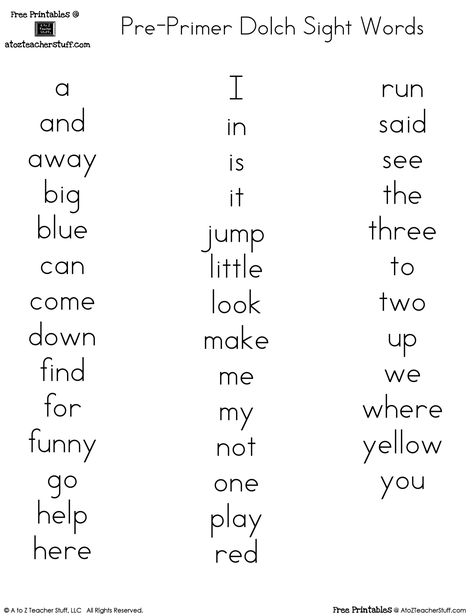 Pre-Primer Dolch Sight Words FREE Printables Dolch Pre Primer Sight Words, Pre K Site Words List, Preschool Site Words List, Preprimer Sight Words Free, Pre K Sight Words Printables, Dolch Sight Word List Free Printable, Pre K Sight Words List, Multigrade Classroom, Dolch Sight Words Kindergarten