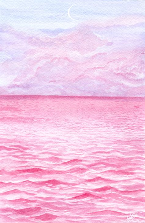 Pink seascape watercolour painting. Fluffy pink clouds over a calm pink ocean. Pink Sea, Pink Sea Painting, Pastel Pink Ocean Aesthetic, Pink Ocean Painting, Pink And Blue Ocean Aesthetic, Pink Beach Sunset Painting, Couples Canvas Painting, Pink Ocean Sunset, Ocean Drawing