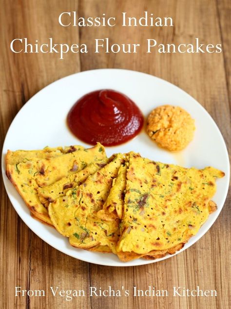 Classic Savory Indian Chickpea Flour Pancakes - a naturally vegan, dairy-free, gluten-free, healthy recipe featured from Vegan Richa's Indian Kitchen. via GoDairyFree.org Chickpea Flour Pancakes, Chickpea Flour Recipes, Classic Savory, No Flour Pancakes, Vegan Richa, Flour Pancakes, Vegan Pancakes, Chickpea Recipes, Indian Breakfast