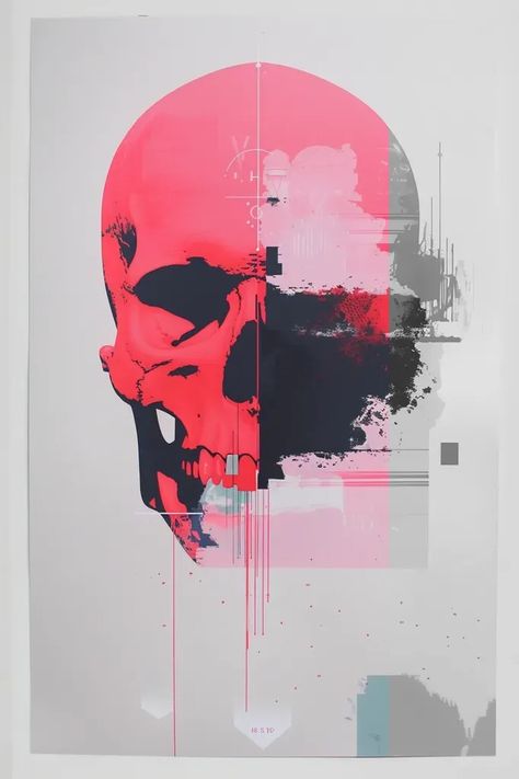 Full Color Image in ai-img-gen.com 🔸 Retro risograph printed rorschach test. OMG I see a skull  🔸 From Midjourney AI Image Abstract Skull, Skull Graphic Design, Skull Reflection, Skull Abstract Art, Skull Screen Print Graphic Tee, Rorschach Test, Edgy Skull Screen Print T-shirt, Risograph Print, Colour Images